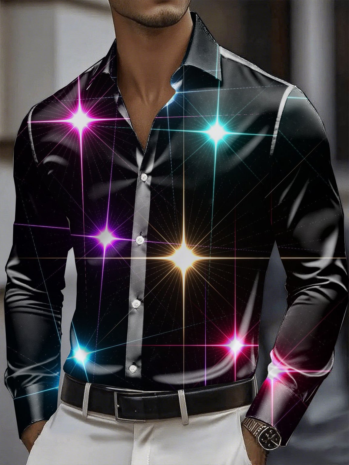 Camisa satén Luxe de manga larga con botones para hombre