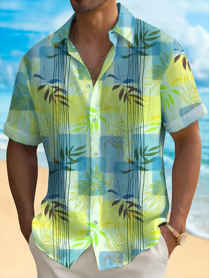 para hombre Hawaiian Leaf Print de manga corta Pockets camisa