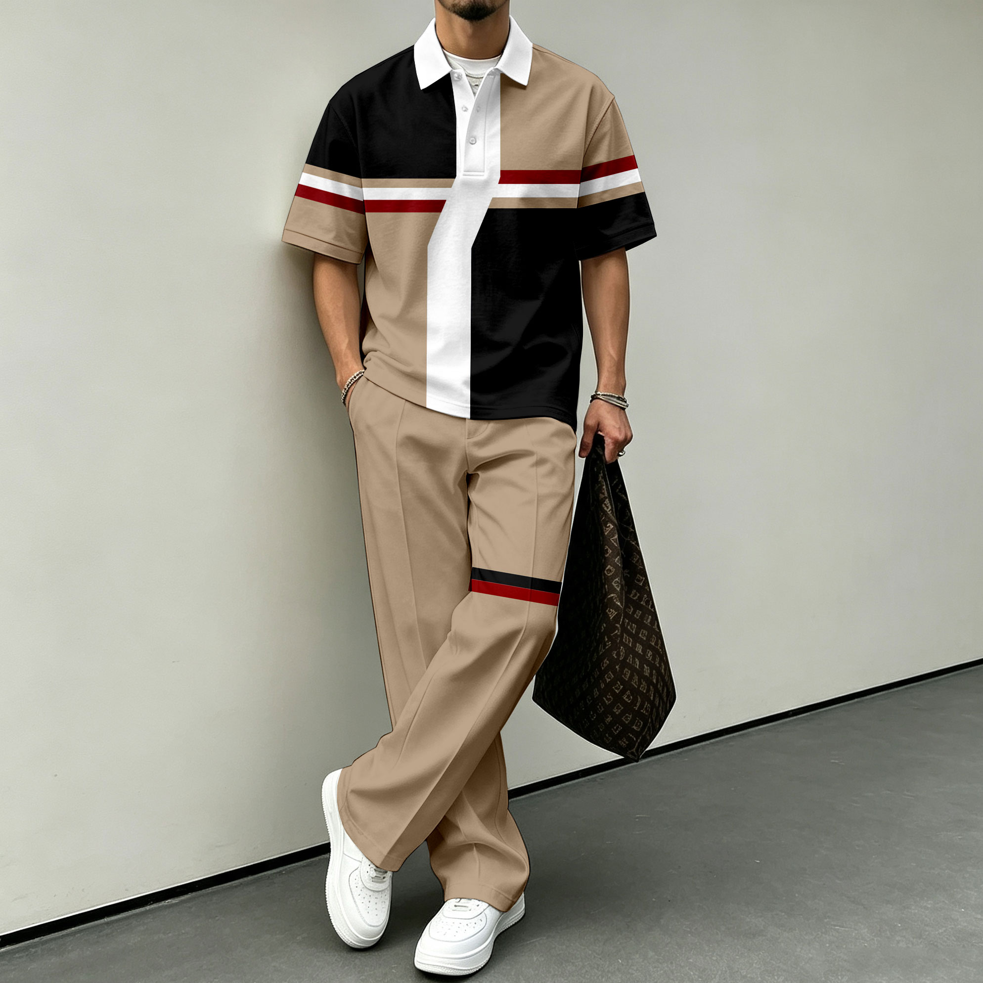 para hombre Color-Blocked de manga corta camisa polo and pantalón Set