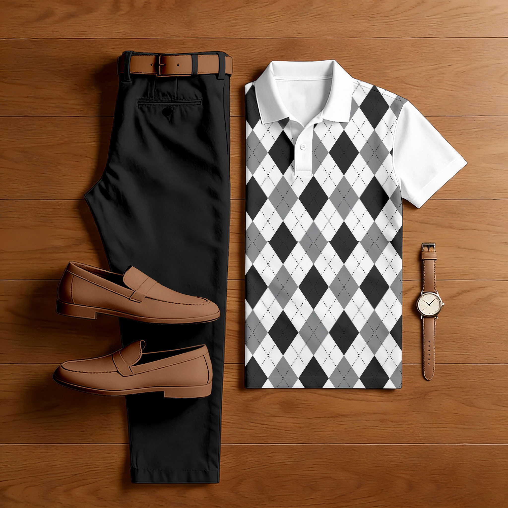 Conjunto de dos piezas casual Black & White & Green Color Matching retro Style Checkered estampado de manga corta camisa polo & Trousers para hombre