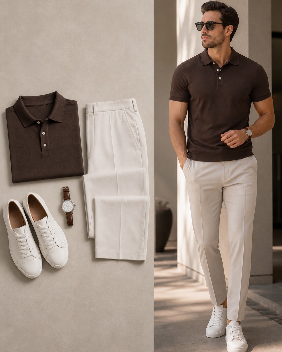 Conjunto de dos piezas casual Dark Brown Color de manga cortas camisa polo & Jeans pantalón para hombre