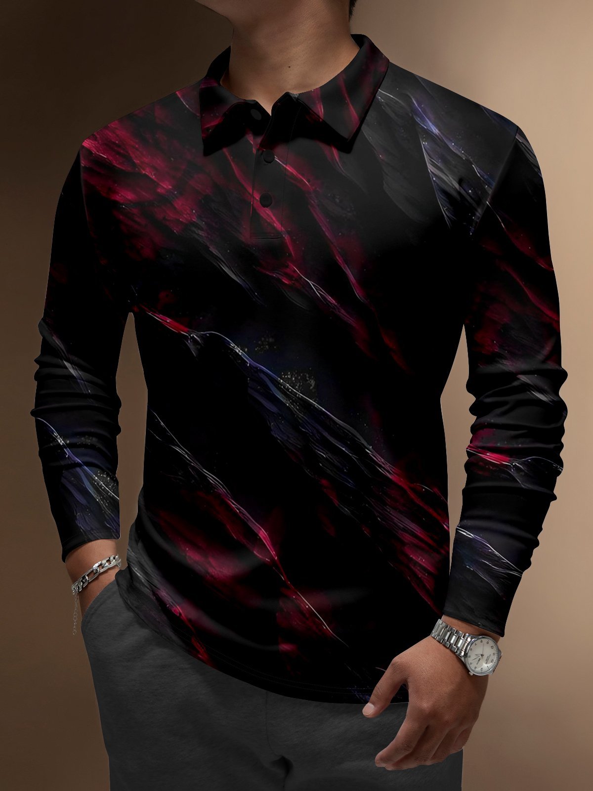 Camisa polo ejecutivo casual a rayas de manga larga para hombre
