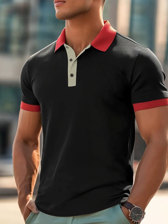 Camisa polo casual clásico Contrast Color estampado ejecutivo de manga corta para hombre