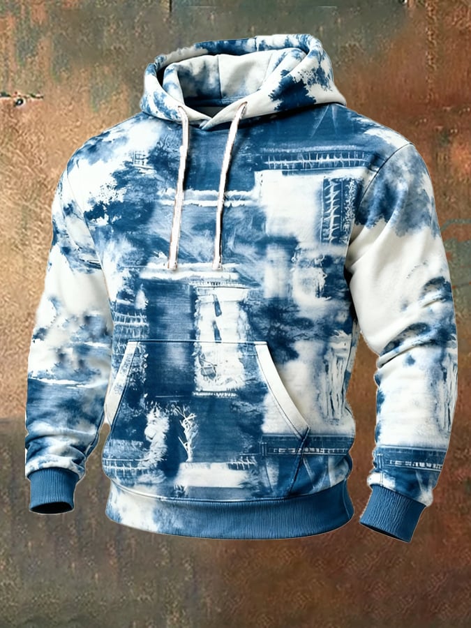 Sudadera retro desgastado en bloques de color estampado casual de manga larga para hombre