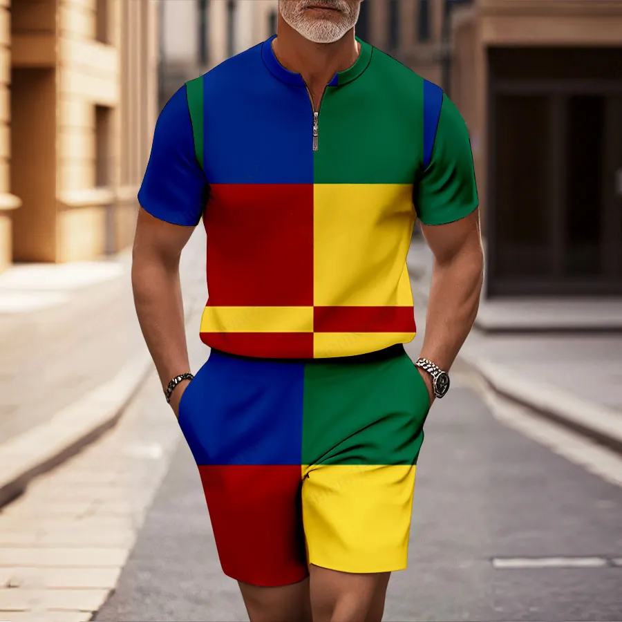 Conjunto de dos piezas casual Color-Blocked Geometric Half-Zip de manga corta camisa And shorts para hombre
