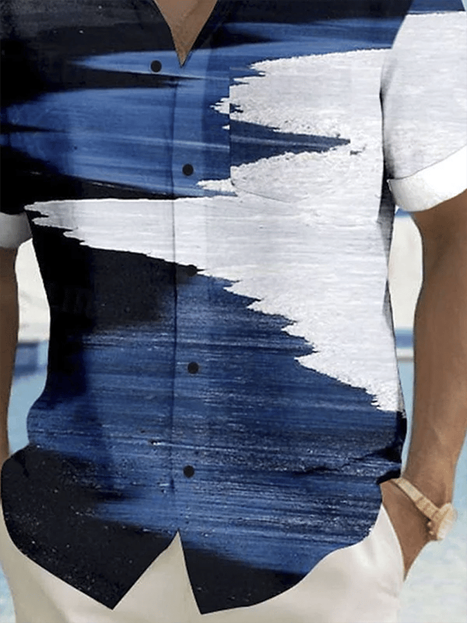 Camisa retro degradado geométrico Art estampado de manga corta bolsillos para hombre