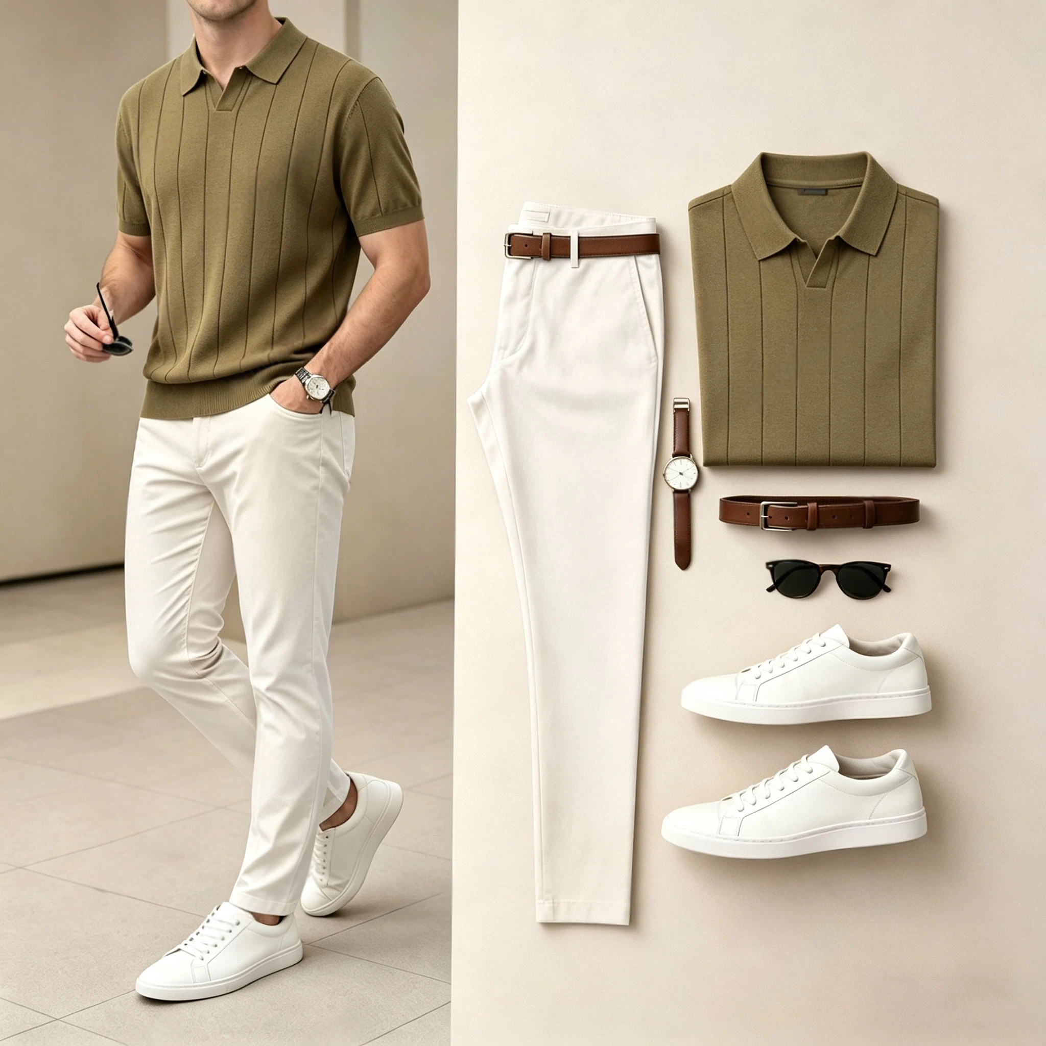Conjunto de dos piezas Sophisticated tejido Ice Silk V-Neck de manga corta camisa polo and pantalón (Accessories Not Included) para hombre