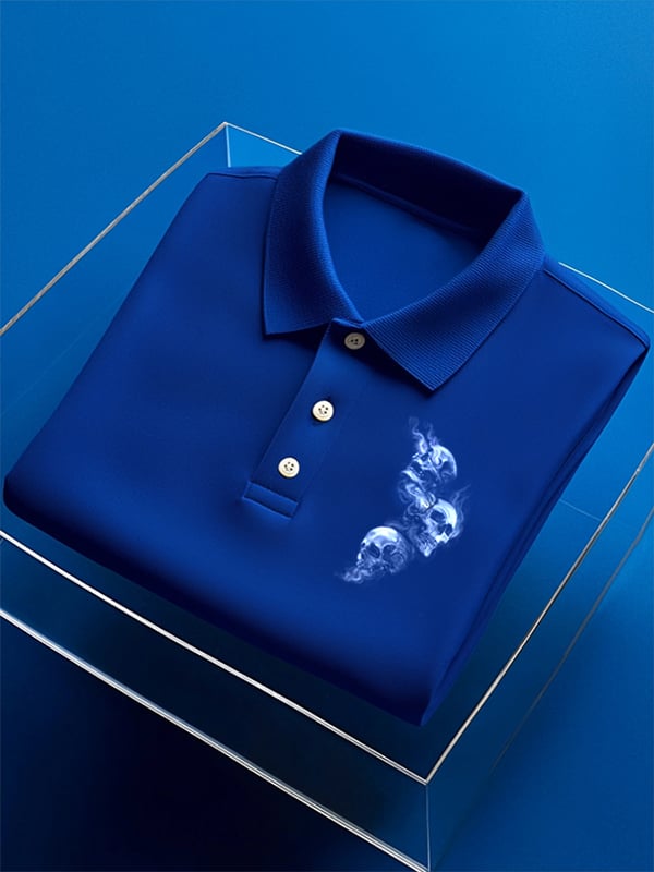 Camisa polo ejecutivo de color sólido Skull estampado de manga corta para hombre