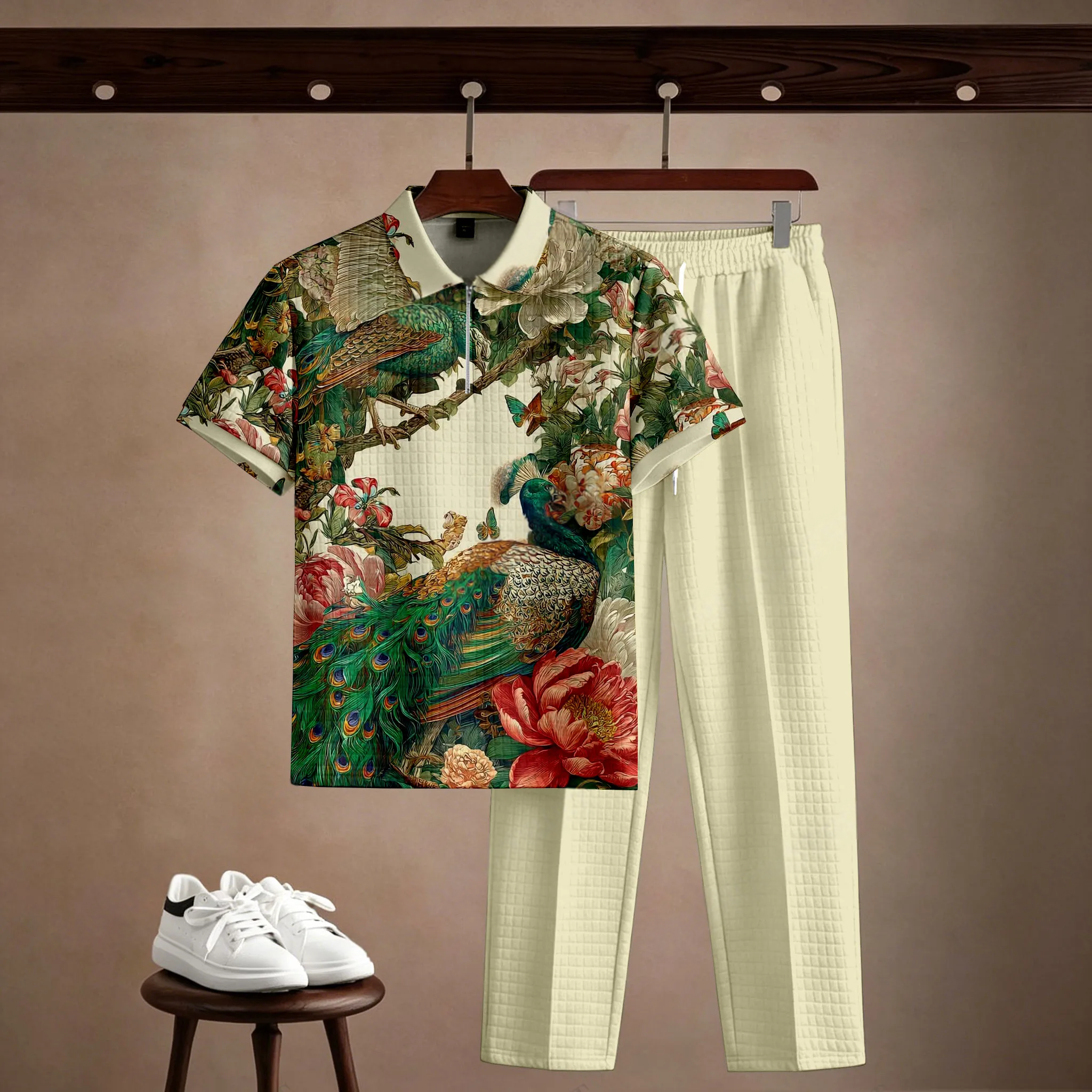 Conjunto de dos piezas casual Beige estampado Polo de manga corta camiseta And pantalón para hombre