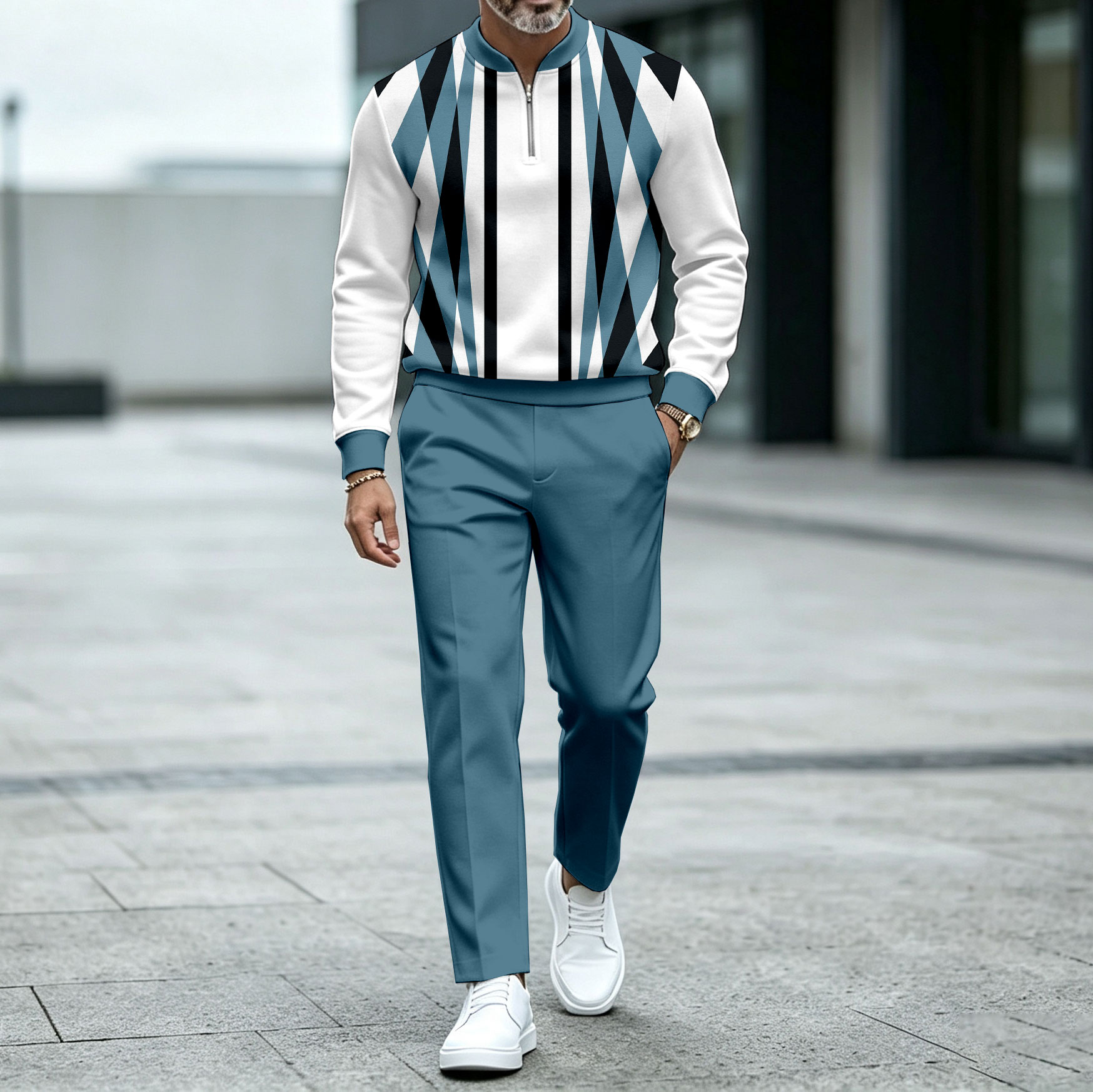 para hombre a rayas Crew-Neck Zipper de manga larga Top and pantalón Set