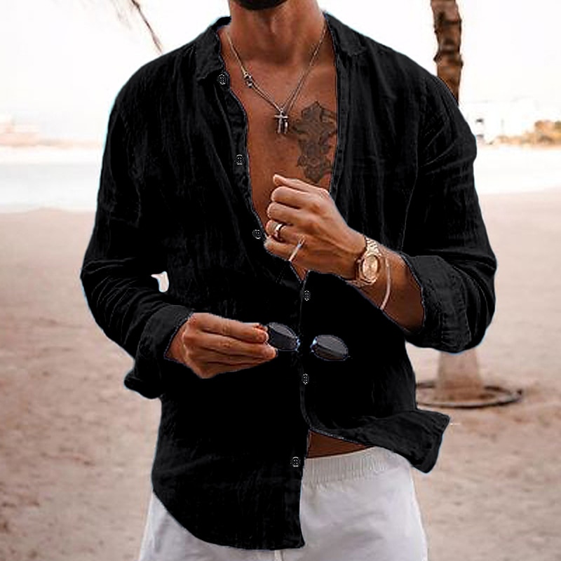Camisa de lino casual camisa Beach camisa Button Up camisa Plain Vacation Curise Black White Pink Navy Blue de manga larga solapa Spring & Summer Clothing Apparel Basic para hombre - vista 8