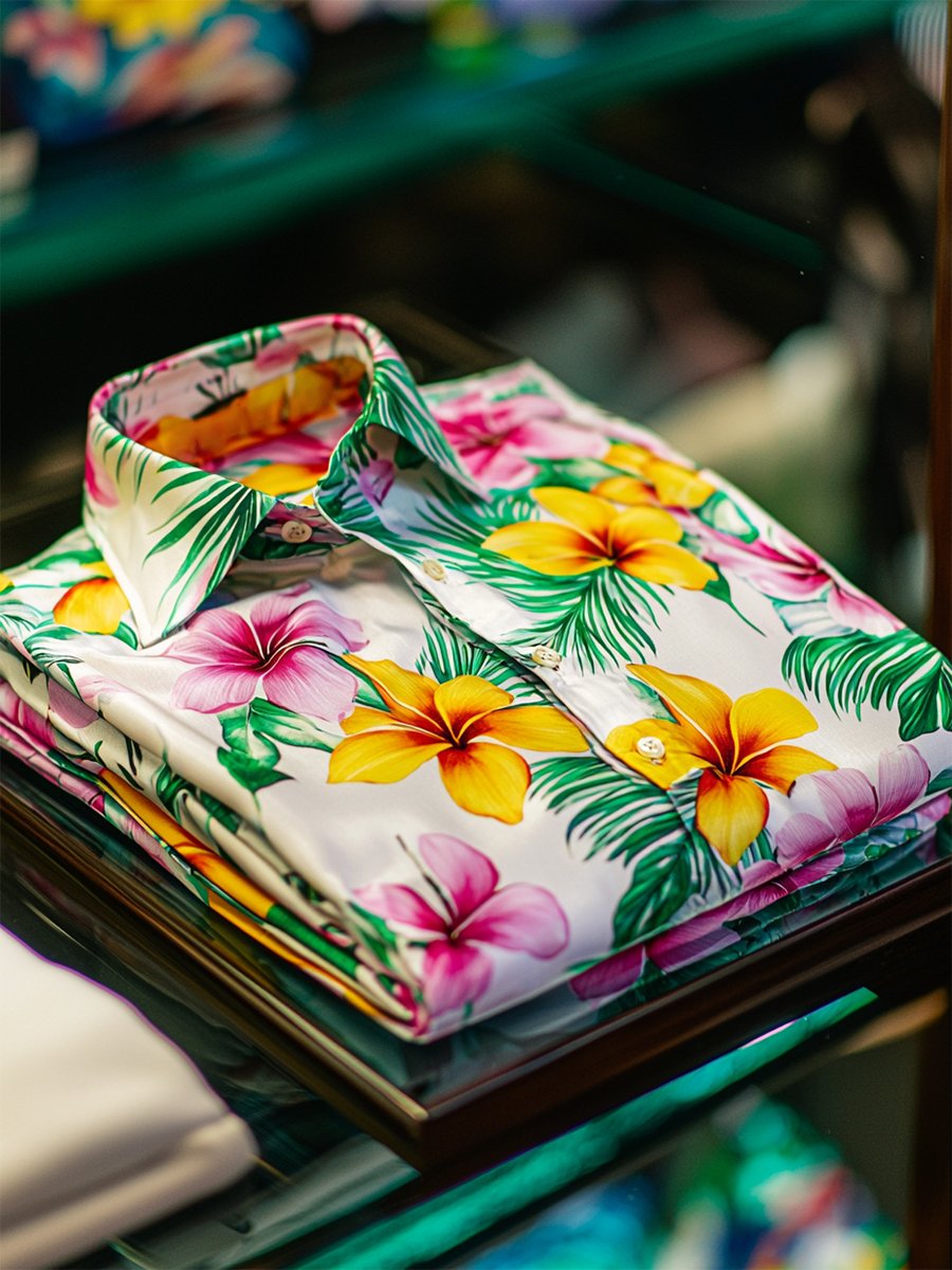 Camisa satén Luxe hawaiano estampado de manga corta Button para hombre