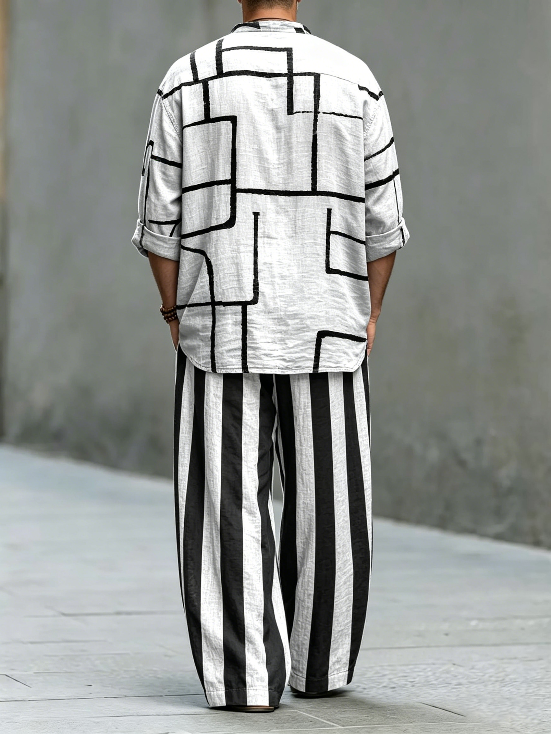 para hombre Abstract Geometric Stripes Art Print de algodón camisa Set