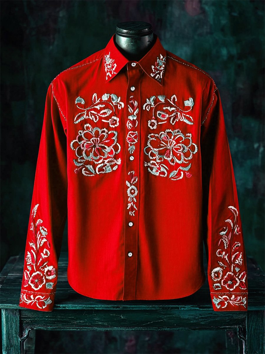 Camisa retro casual Western Ethnic estampado de manga larga para hombre