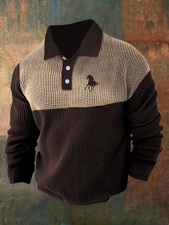 Camisa polo retro ejecutivo casual Waffle Fabric de manga larga para hombre