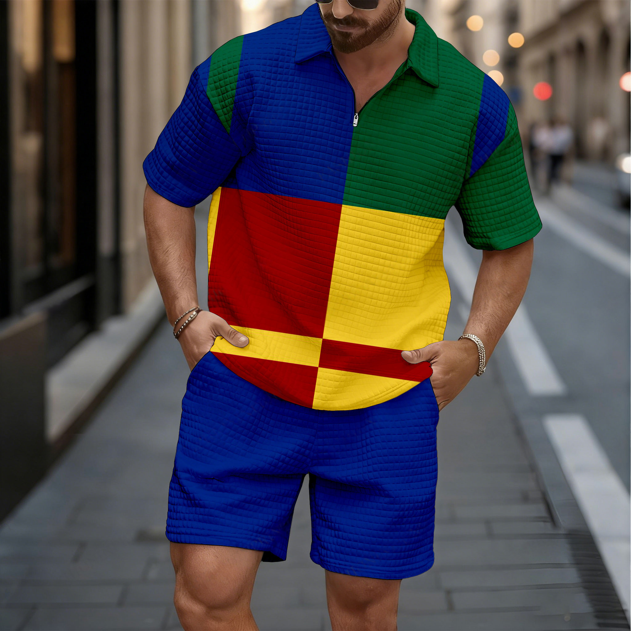 Conjunto de dos piezas casual Multicolor Geometric estampado de manga corta camisa And shorts para hombre