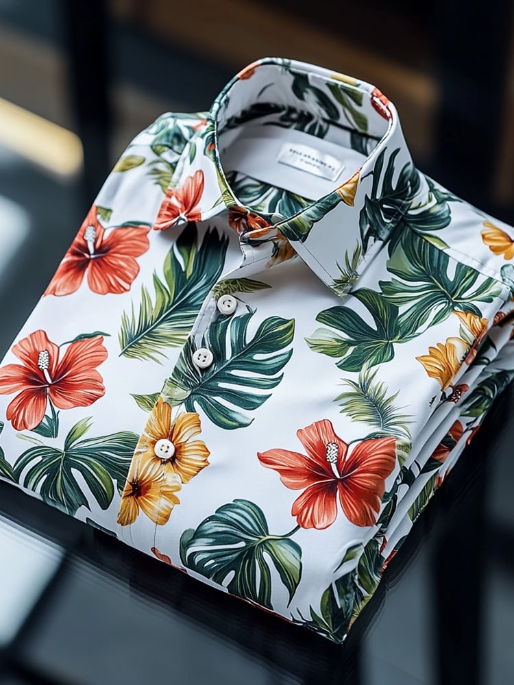 Camisa floral hawaiano ejecutivo casual solapa de manga corta para hombre