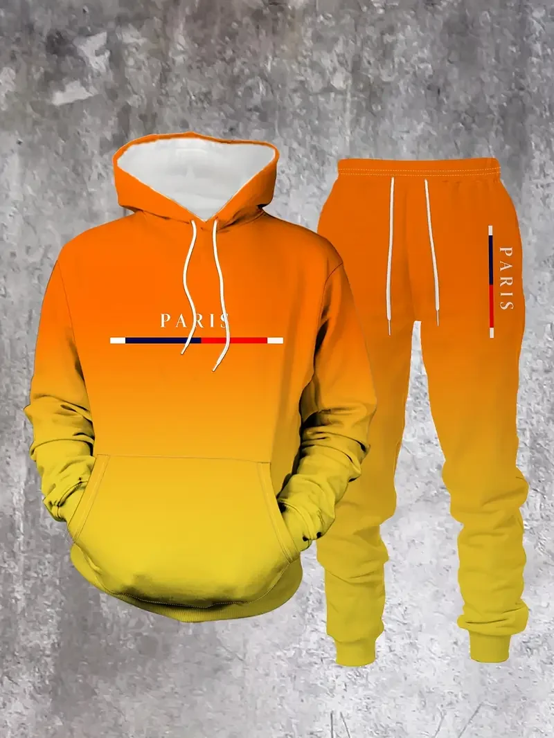 Sudadera con capucha Gradient Color Paris Tracksuit Outfit Street de moda 3D estampado Sport 2-Piece Autumn/Winter sudadera Sweatpantalón Set para hombre