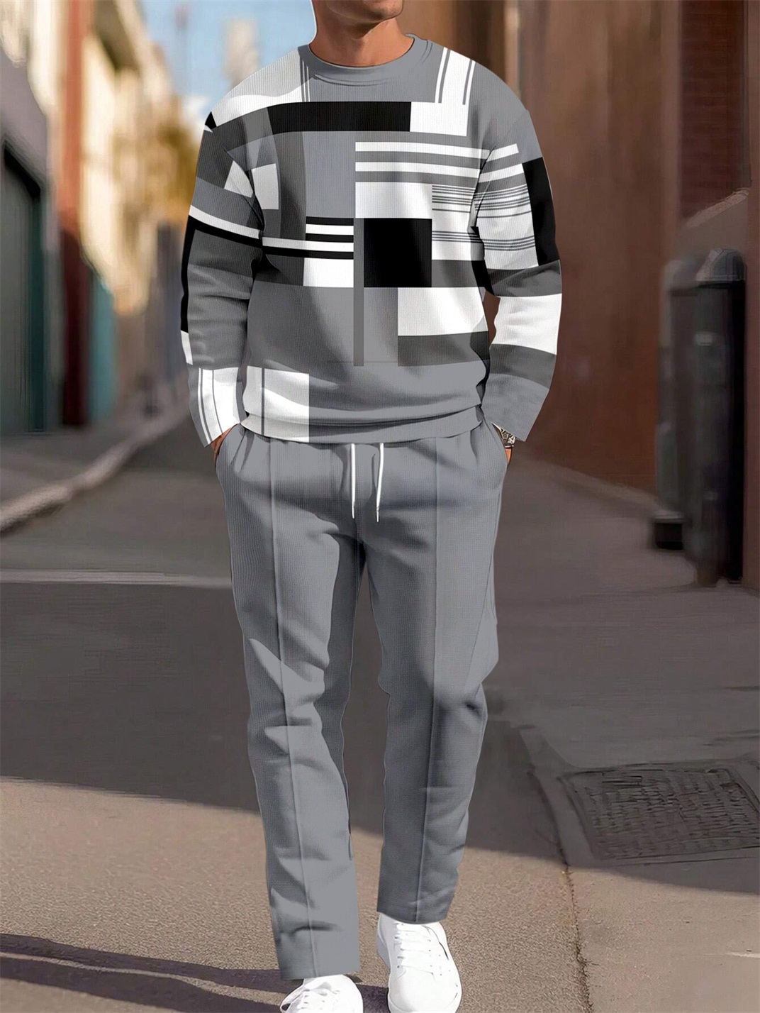 Simple Colorblock Round Neck casual Sports Set 051 para hombre