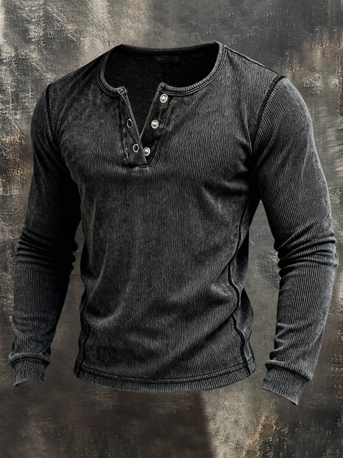 Camiseta vintage acanalado Pure de algodón Washed And desgastado de manga larga para hombre