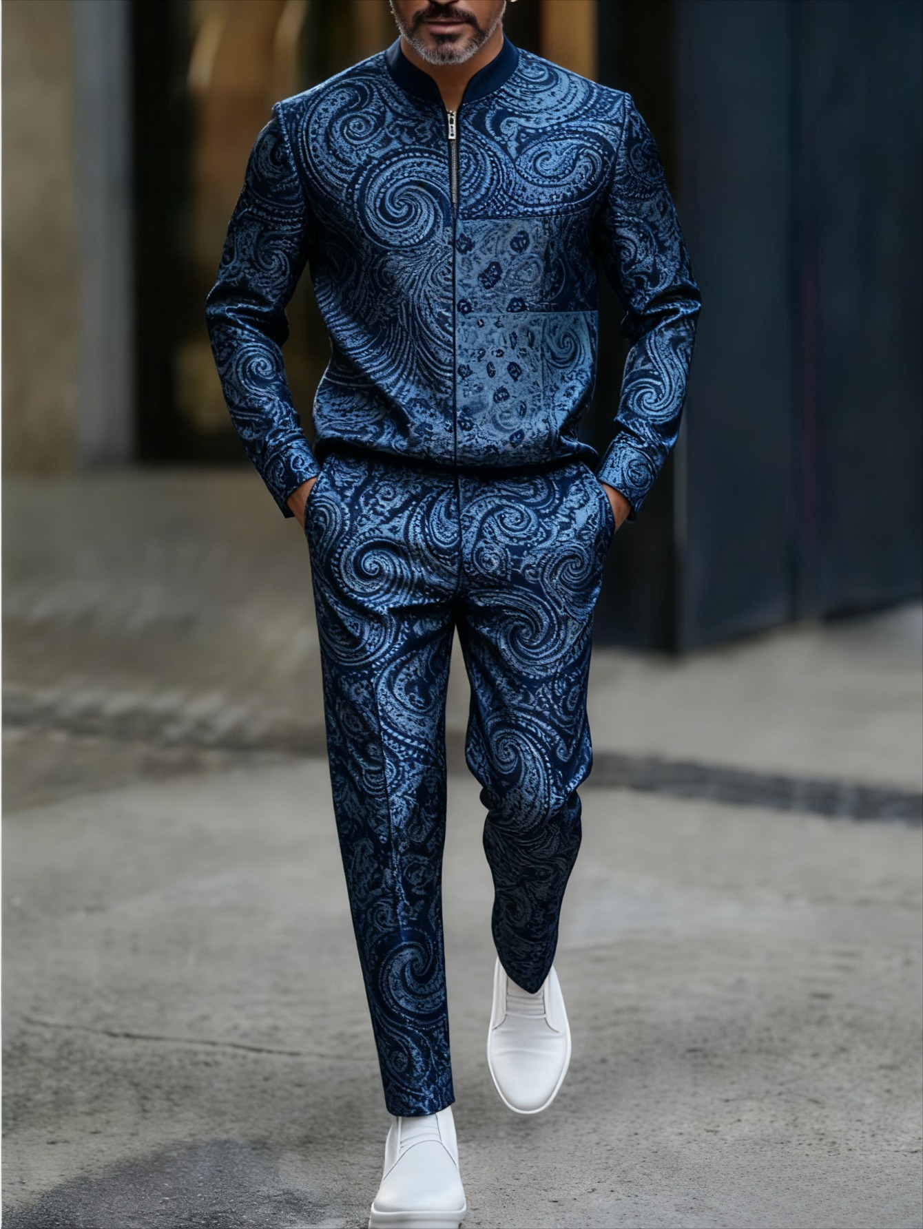 Conjunto de dos piezas casual Navy Blue Flower estampado Round-Neck Zipper de manga larga Trousers para hombre