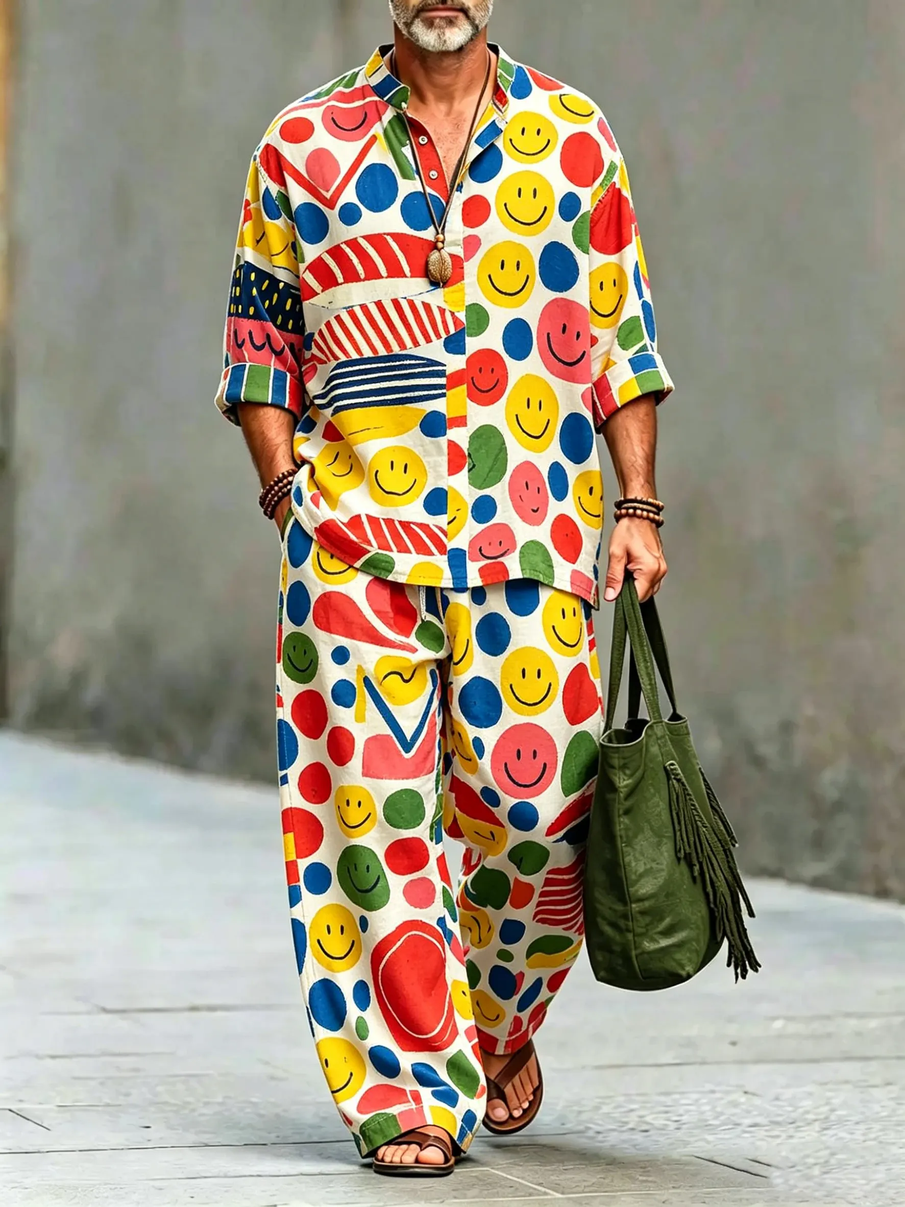 para hombre vintage Abstract Art estampado de algodón camisa Set (Top & pantalón)