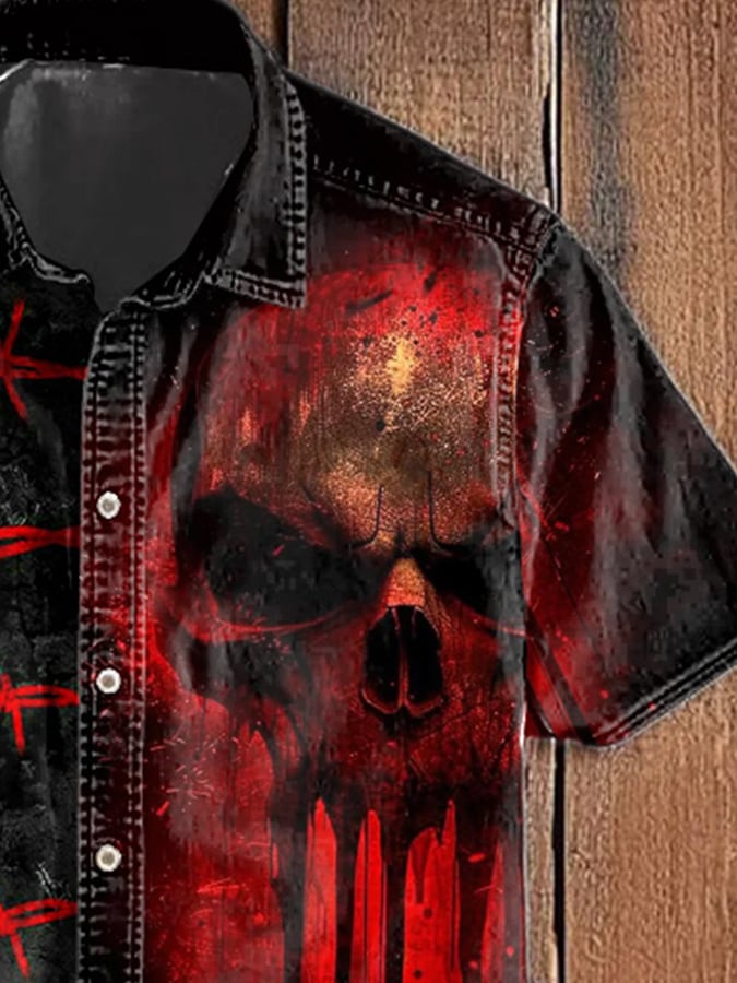 Camisa Skull estampado casual de manga corta para hombre