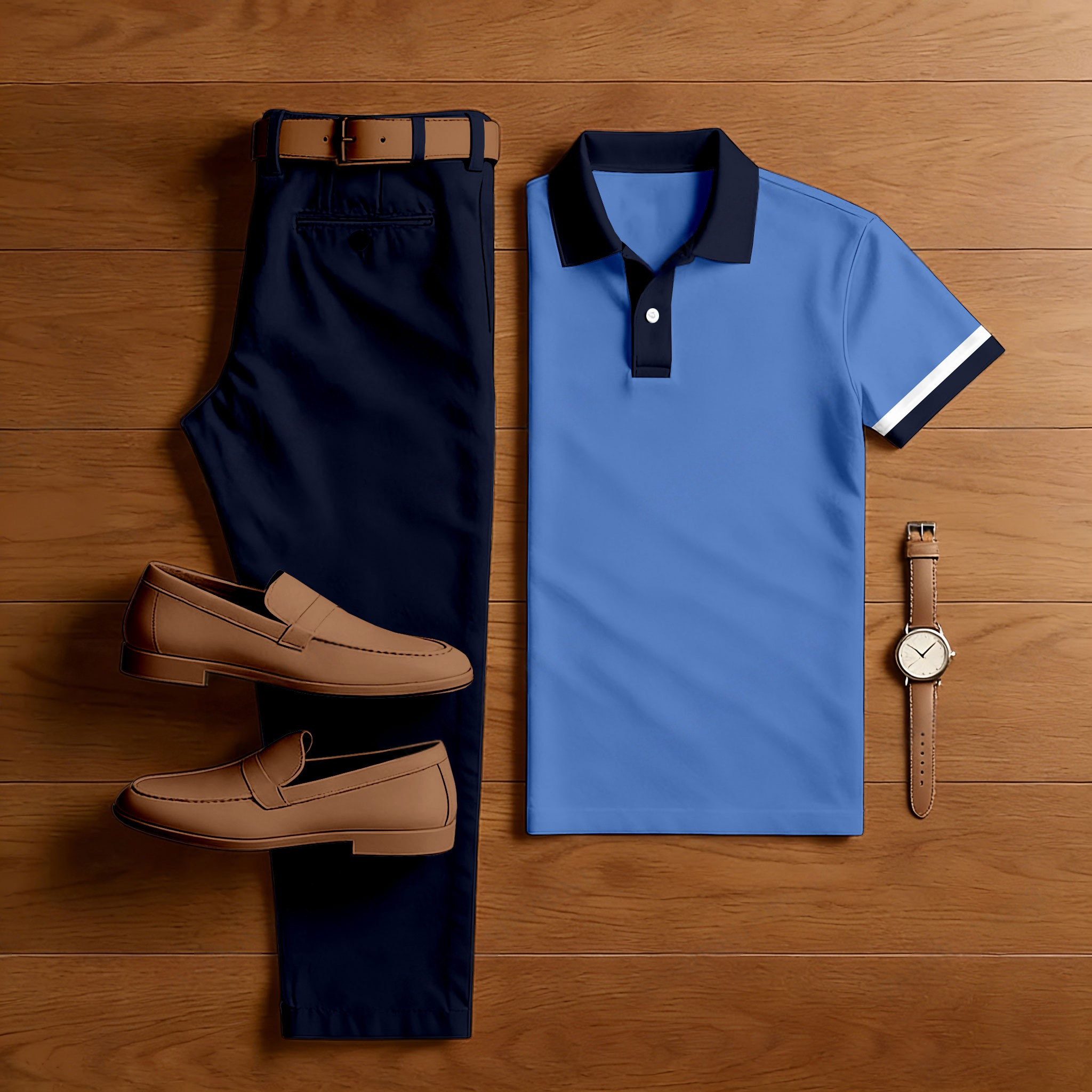 Conjunto de dos piezas casual Blue Color de manga corta camisa polo & Trousers para hombre