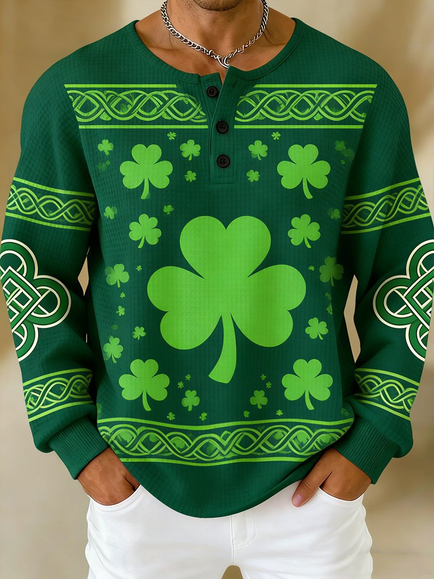 Camisa St. Patrick's Day Shamrock Art tejido tipo waffle Henley para hombre