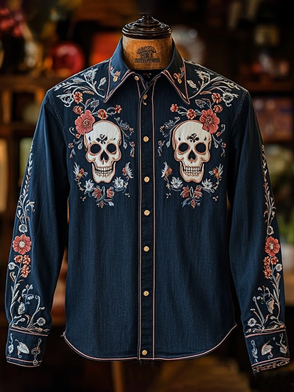 Camisa para exterior vintage Skull and floral estampado de manga larga para hombre
