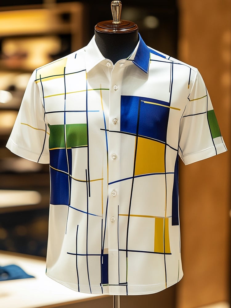 Camisa ejecutivo casual Creative a cuadros solapa de manga corta para hombre