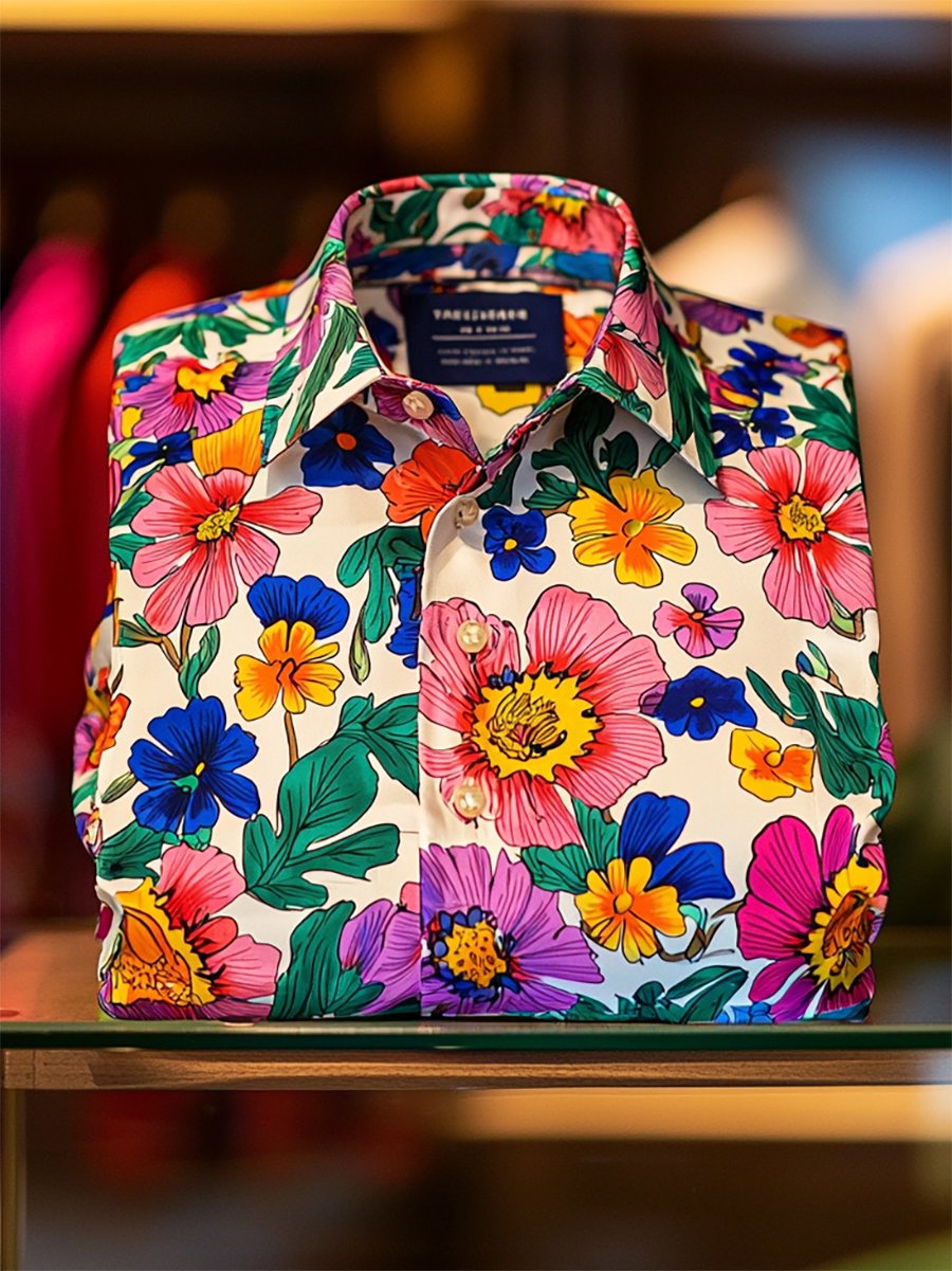 Camisa satén Luxe hawaiano estampado de manga corta Button para hombre