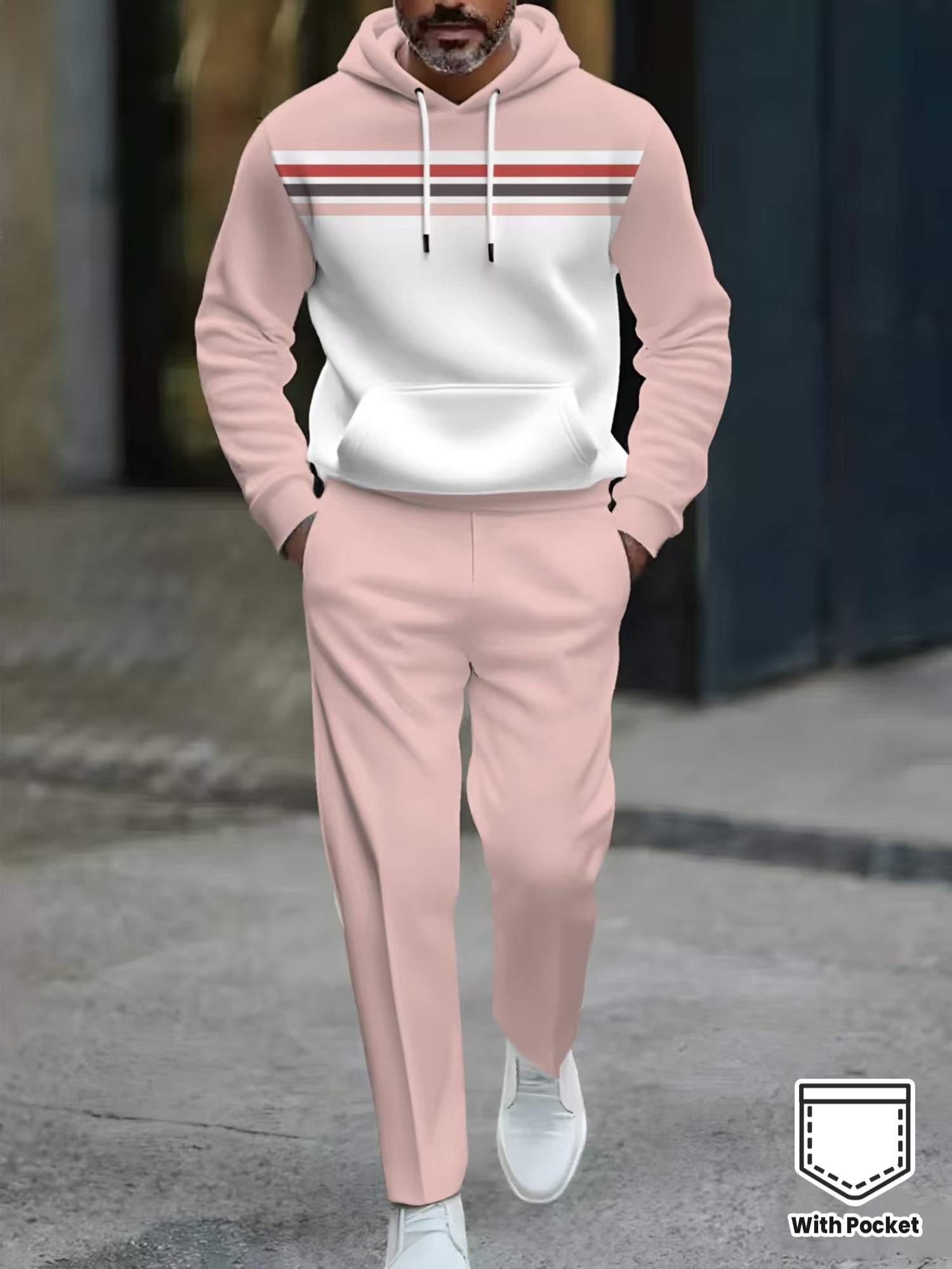 Conjunto de dos piezas casual Color Matching estampado Hooded de manga larga Trousers para hombre