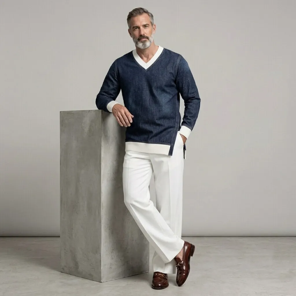para hombre casual V Neck Contrast Rib tejido Trim Side Split de manga larga Denim Sweacamiseta