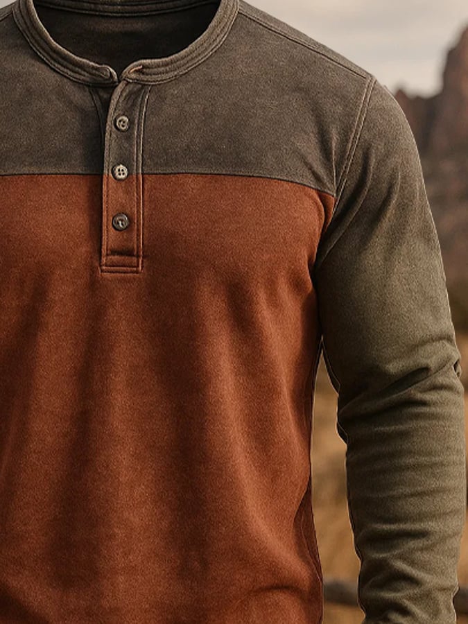 Retro en bloques de color de manga larga Henley para hombre