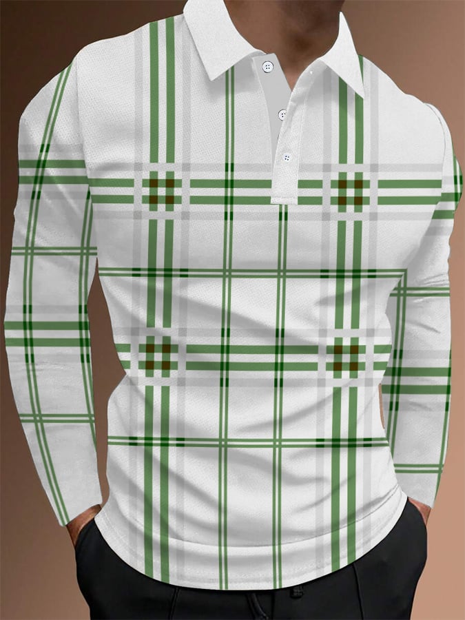 Camisa polo a cuadros ejecutivo casual de manga larga para hombre
