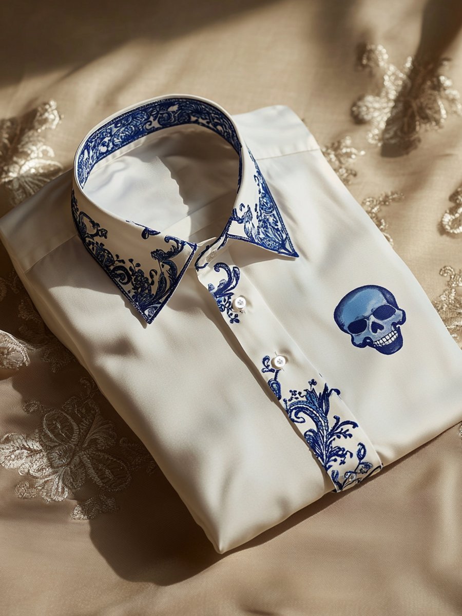 Camisa ejecutivo casual floral Skull Logo solapa de manga corta para hombre
