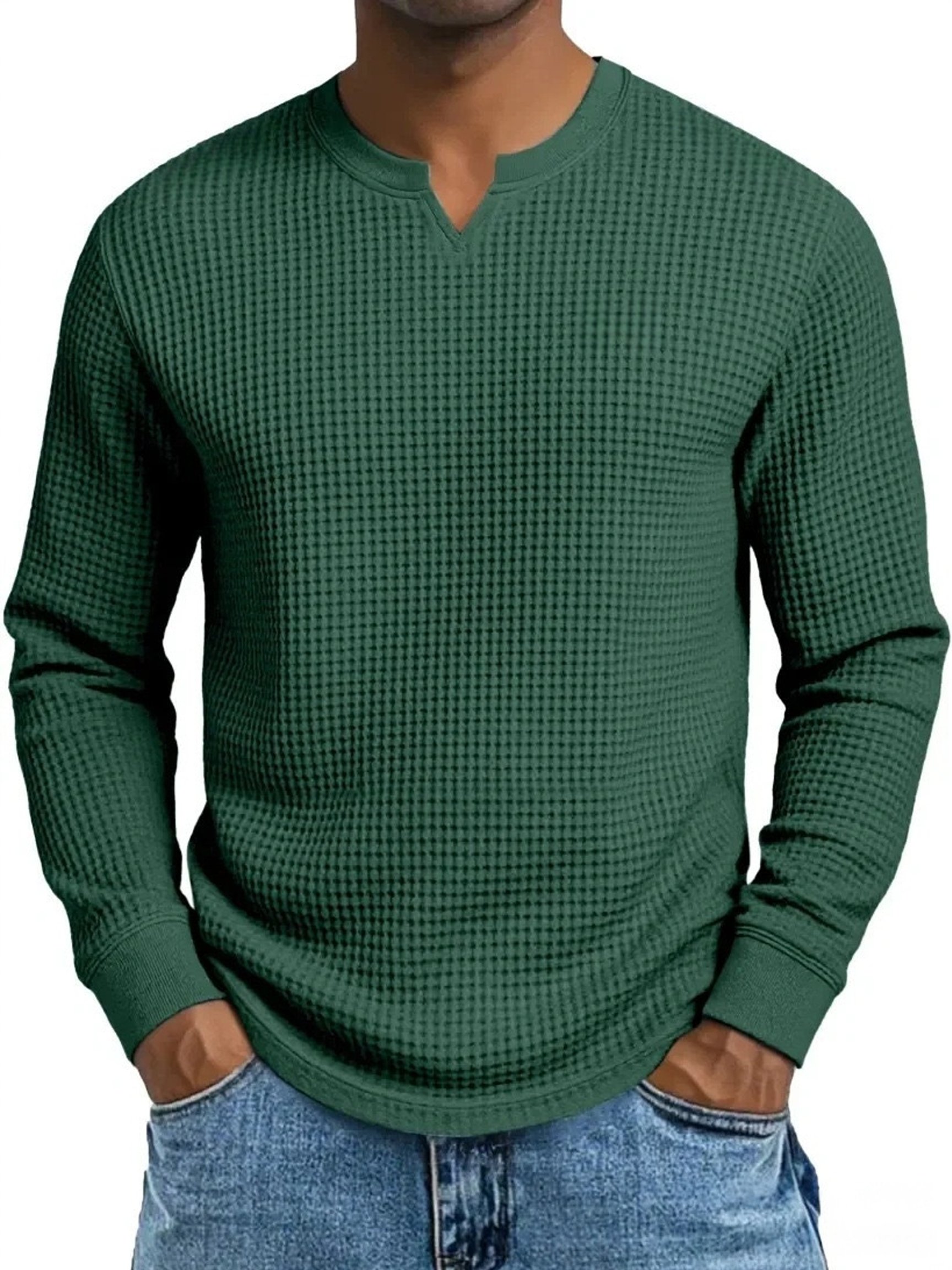 Camiseta vintage tejido tipo waffle V-Neck de manga larga para hombre