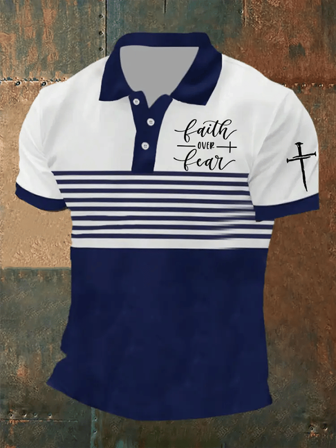 Camisa polo retro Faith “Faith Over Fear�? casual estampado para hombre