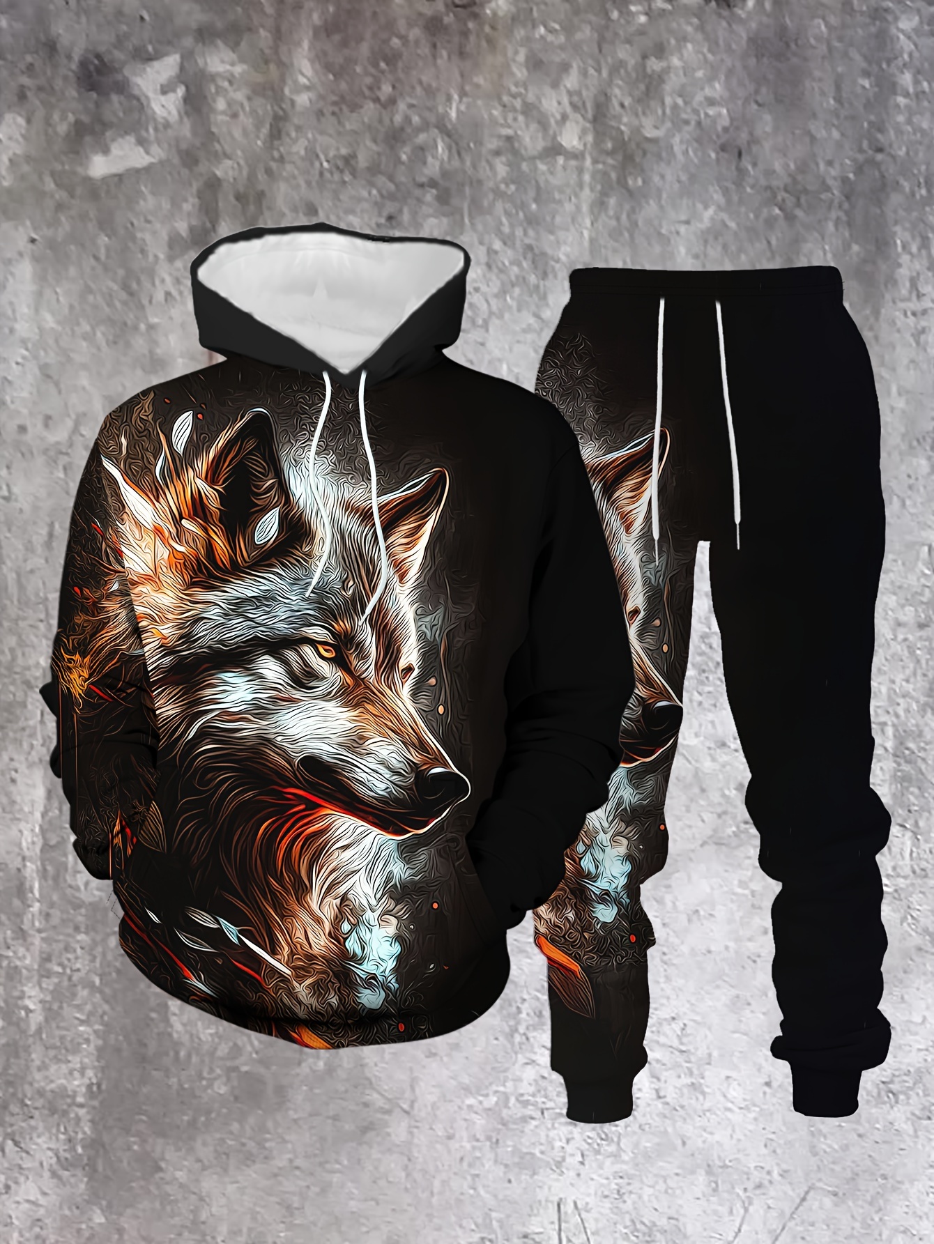 Conjunto de dos piezas casual “The Wolf” estampado sudadera con capuchas de manga larga sudaderas & Sweatpantalón para hombre