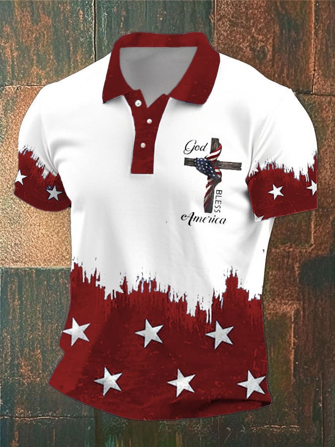 Camisa polo vintage Flag God Bless America estampado para hombre