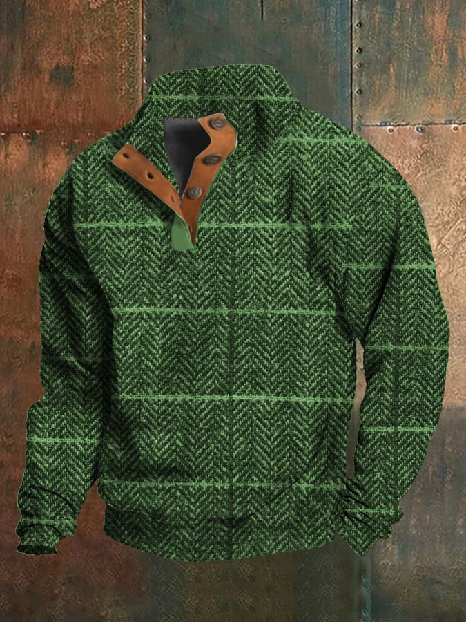 Sudadera Western vintage a cuadros estampado Stand cuello con botones para hombre