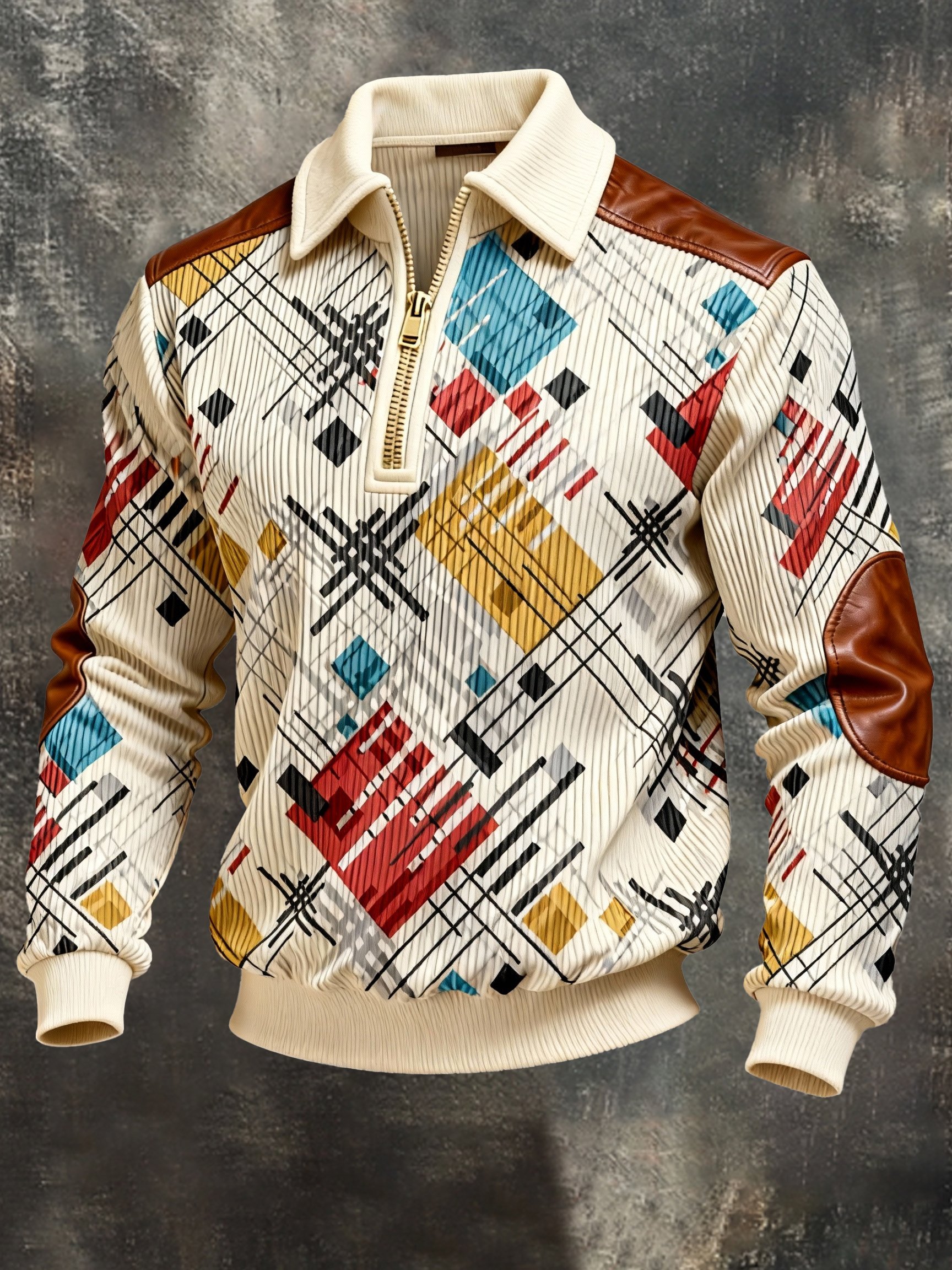 Sudadera vintage Color-Block estampado con cierre con gorrasucha para hombre