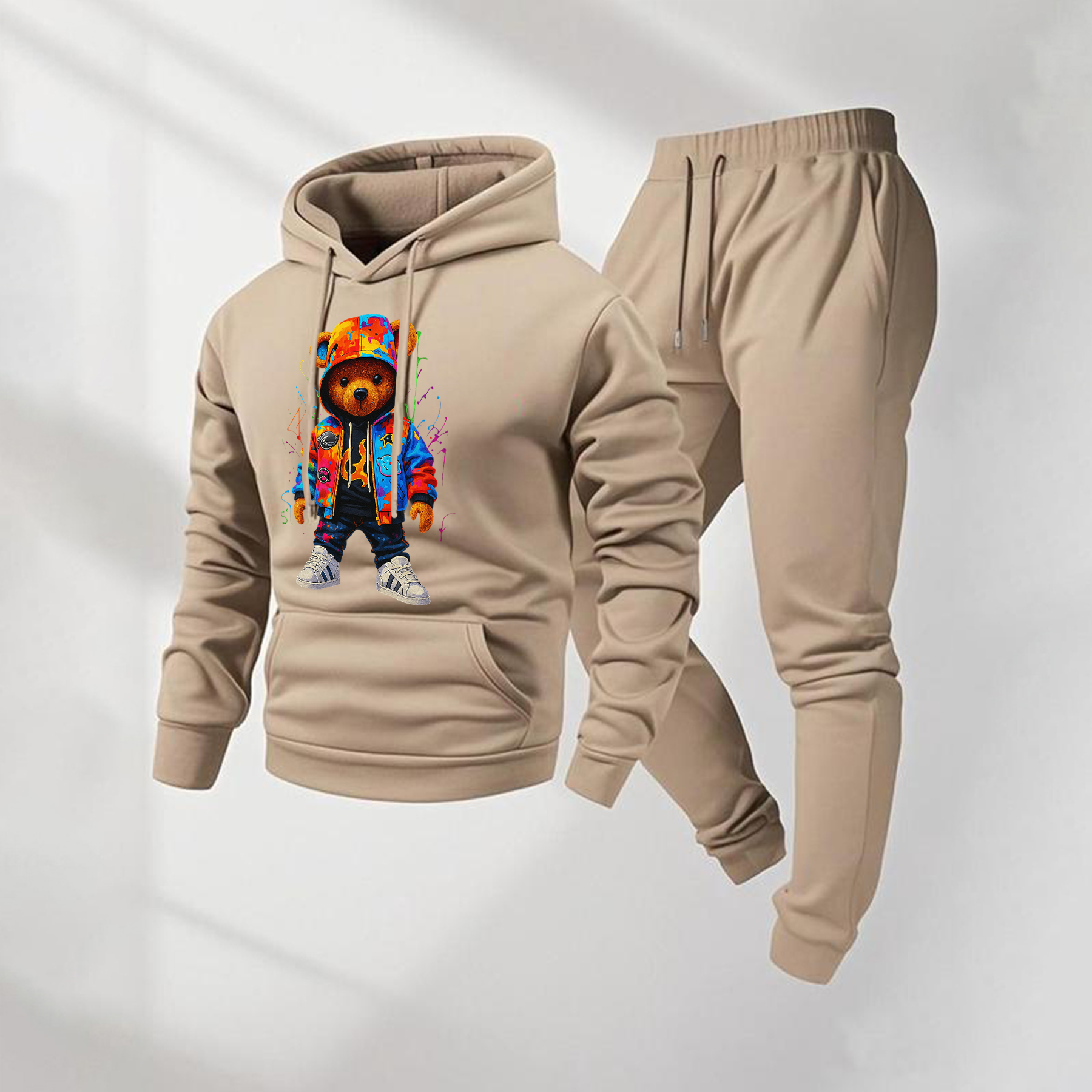 Sudadera con capucha Ink Splatter Cartoon Bear Patterned And Drawstring Track pantalón Set, casual Athletic de manga larga Hooded chaqueta And pantalón, Suitable For Fall And Winter, Street Style sudadera con capucha Set, Indoor And para exterior Sportswear, para hombre