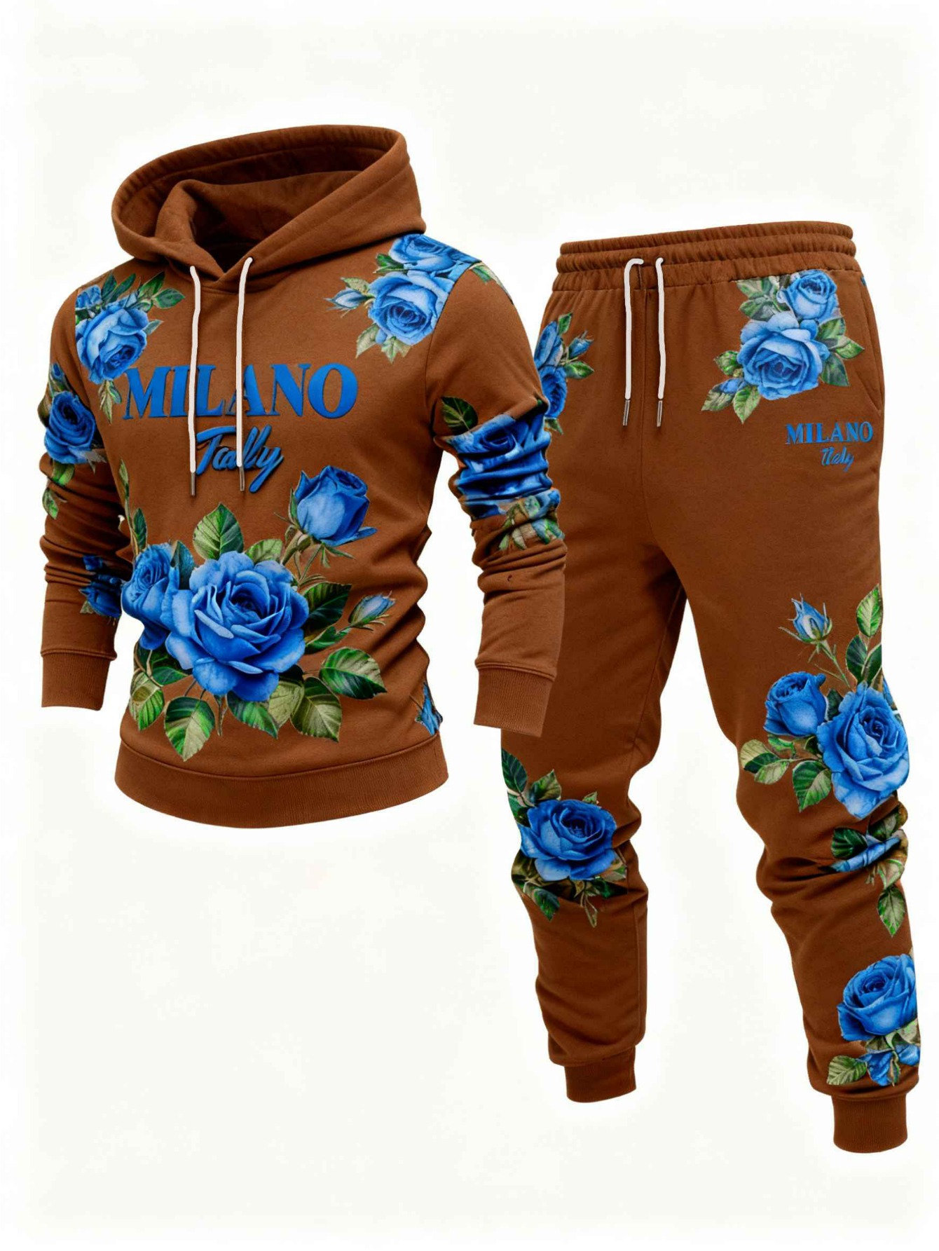 Conjunto de dos piezas casual Coffee & Royal Blue estampado sudadera con capuchas de manga larga sudaderas & Sweatpantalón para hombre