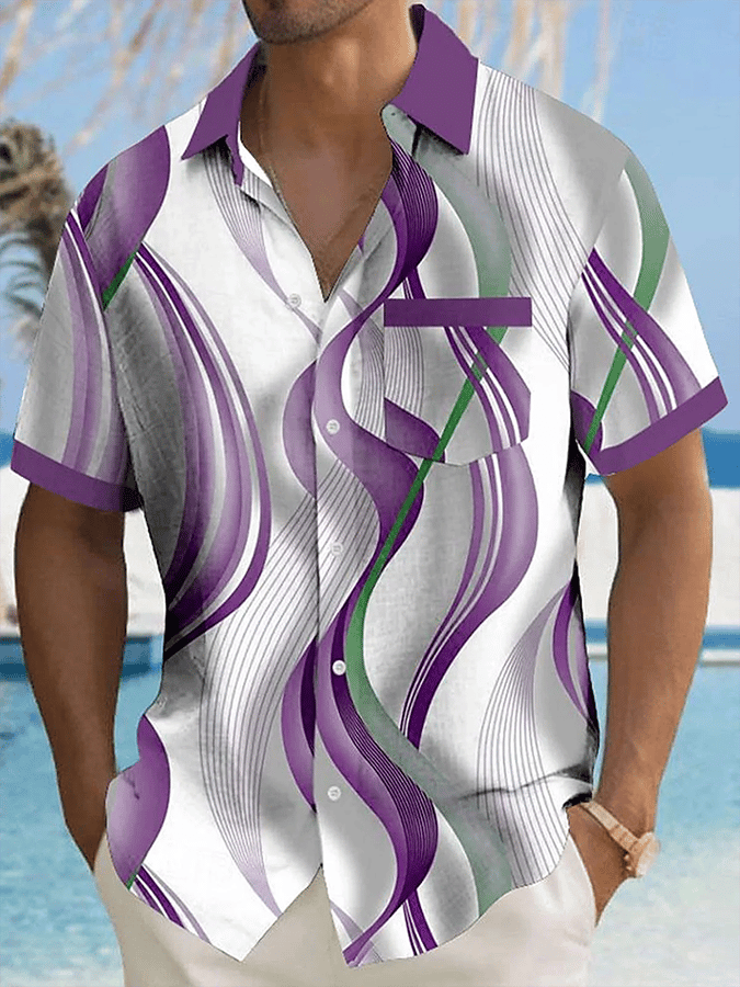 Camisa retro degradado geométrico Art estampado de manga corta bolsillos para hombre