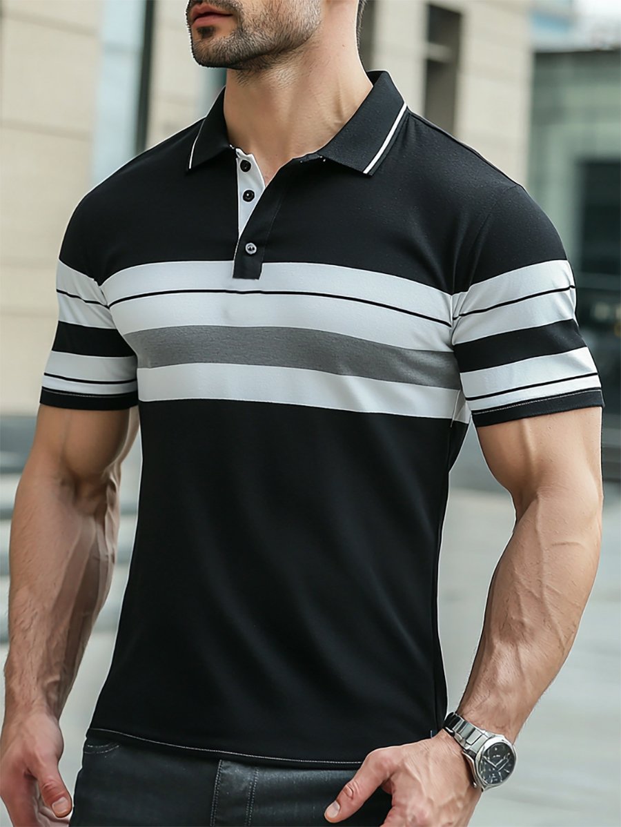 Camisa polo ejecutivo rayas con botones de manga corta para hombre