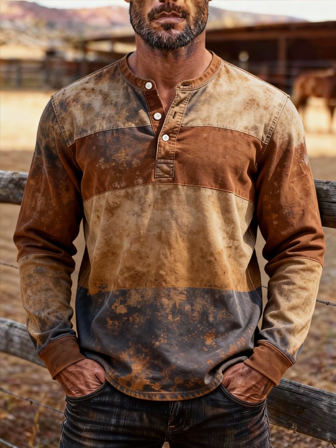 Retro en bloques de color de manga larga Henley para hombre
