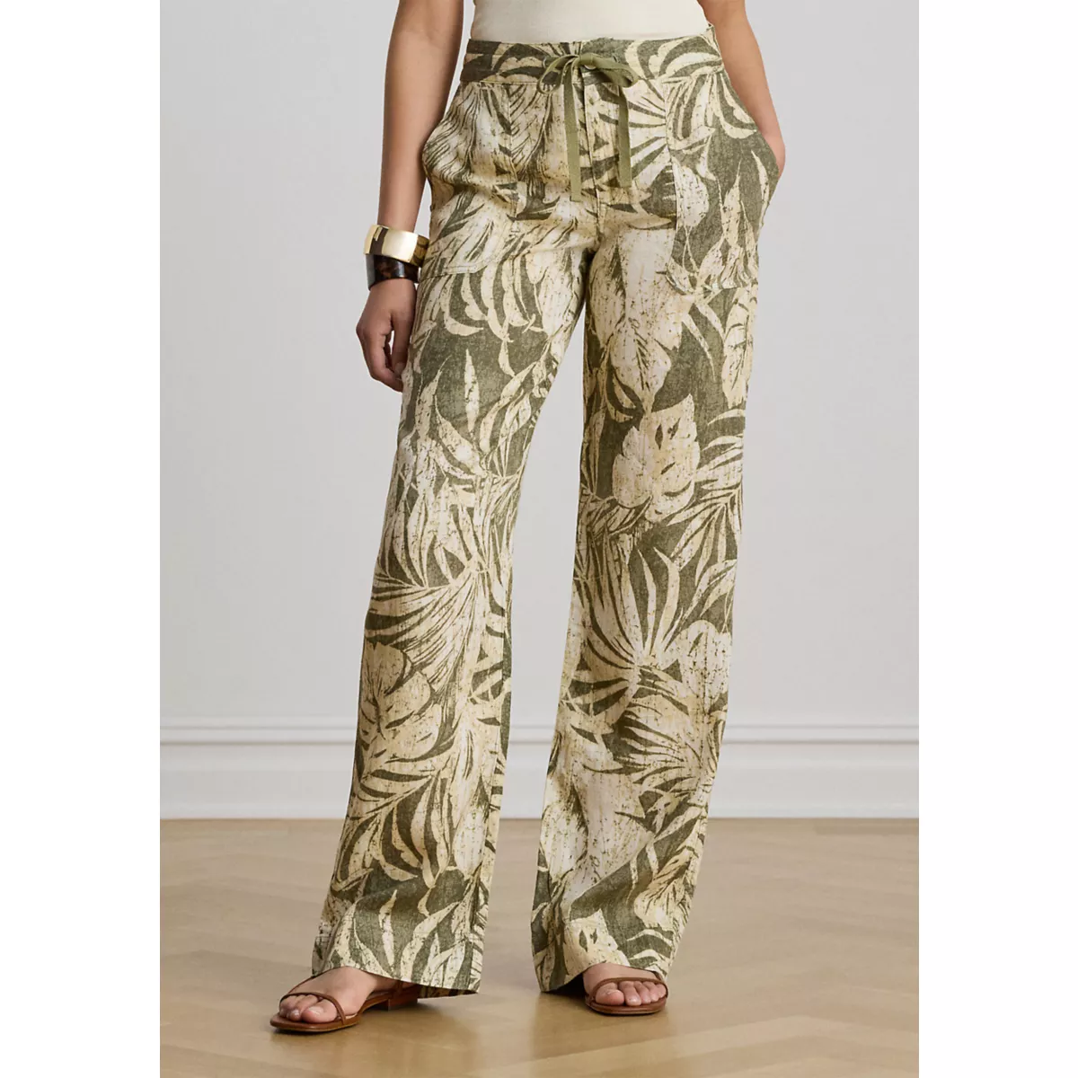 Women's Palm Frond Print Linen Wide Leg Pants - 1