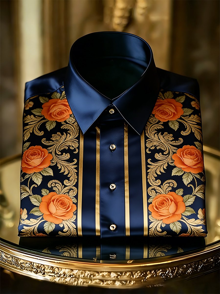 Camisa retro ejecutivo casual Baroque Rose a rayas de manga larga para hombre